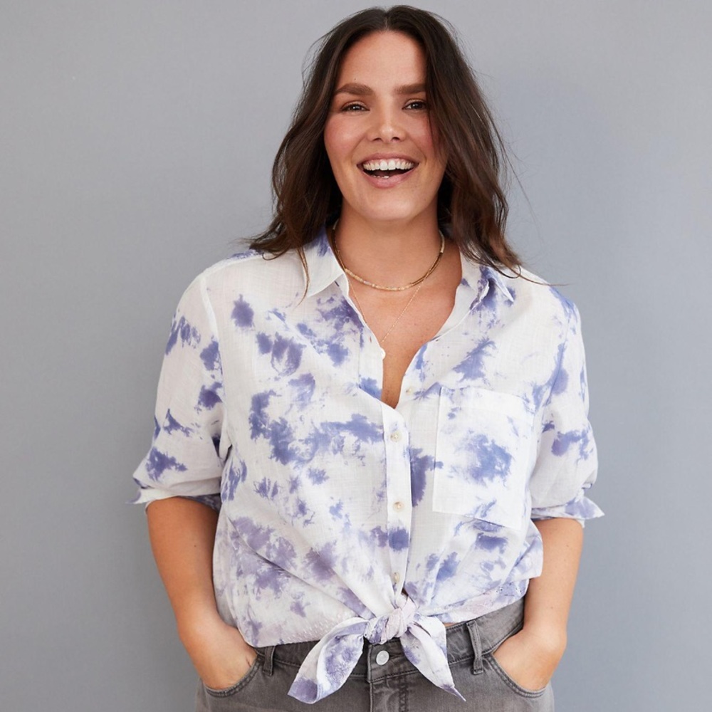 NWT ANTHRO Pilcro The Cate Classic Buttondown - blue motif purple white
